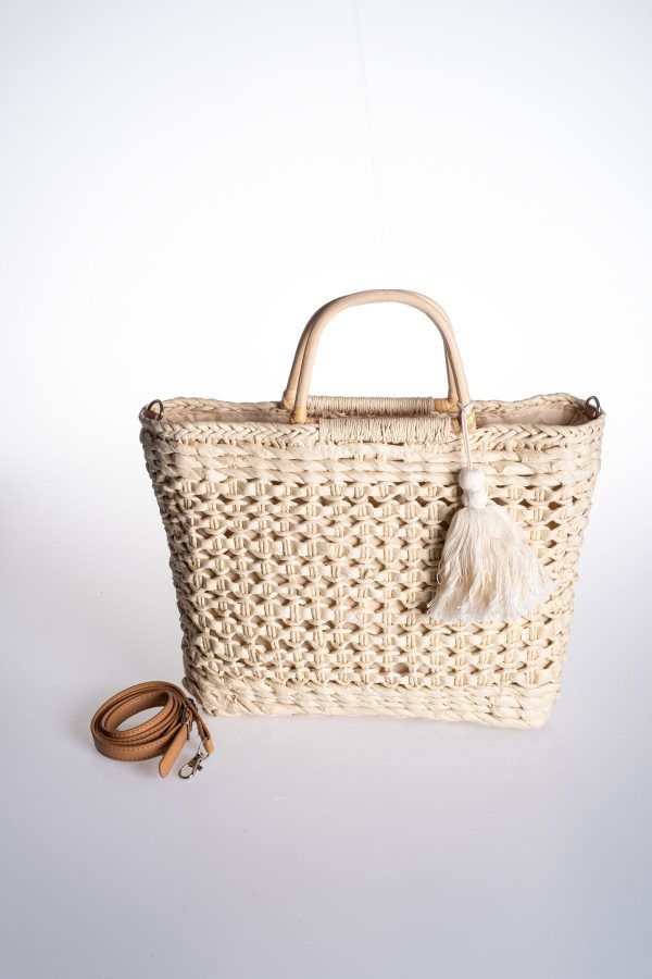 Makrome Örgülü Püskül Aksesuarlı Astarlı Ayarlanabilir Askılı Hasır Plaj Çantası