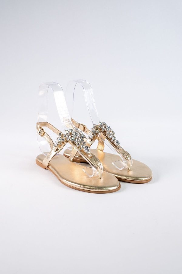 Lavion Hakiki Deri Altın Kristal Taşlı Günlük Kadın Sandalet