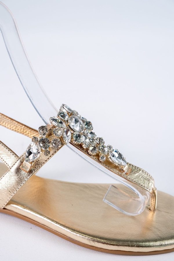 Lavion Hakiki Deri Altın Kristal Taşlı Günlük Kadın Sandalet