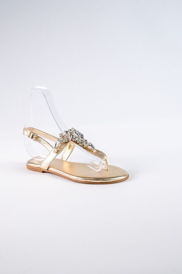 Lavion Hakiki Deri Altın Kristal Taşlı Günlük Kadın Sandalet