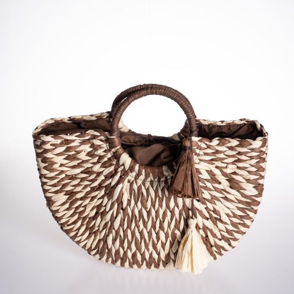 Kahve Krem Desenli Püskül Aksesuarlı Büzgülü Astarlı Plaj Çantası