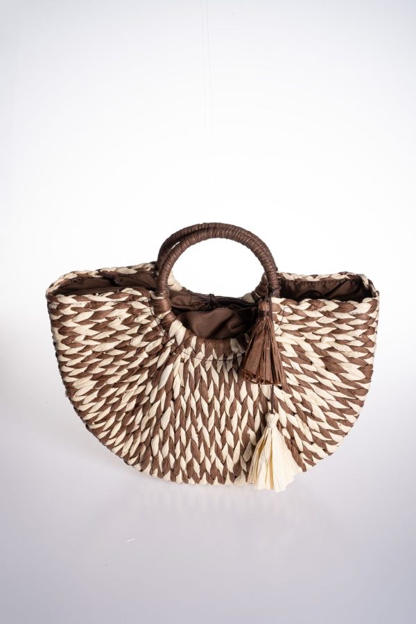 Kahve Krem Desenli Püskül Aksesuarlı Büzgülü Astarlı Plaj Çantası