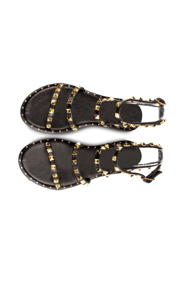 Valent Altın Troklu Hakiki Deri Siyah Sandalet