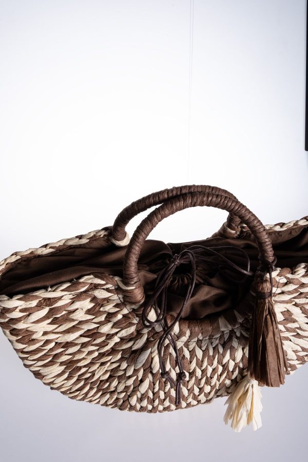 Kahve Krem Desenli Püskül Aksesuarlı Büzgülü Astarlı Plaj Çantası