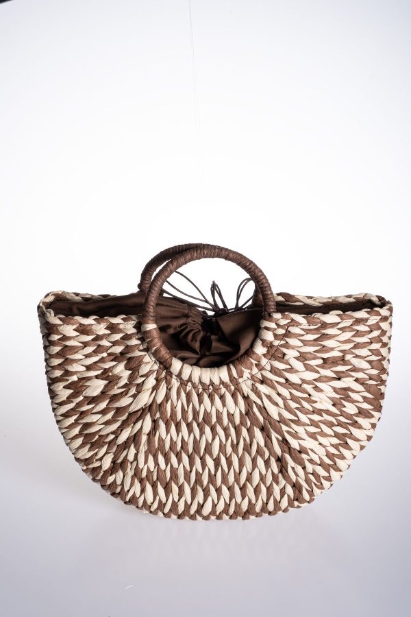 Kahve Krem Desenli Püskül Aksesuarlı Büzgülü Astarlı Plaj Çantası