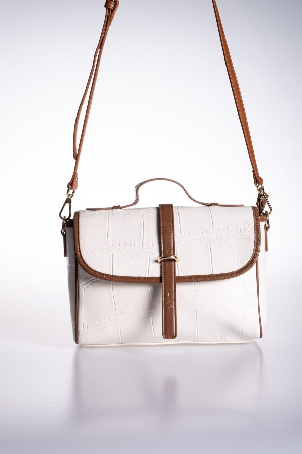 Kahverengi Biye Detaylı Vegan Deri Krem Ayarlanabilir El ve Omuz Çantası