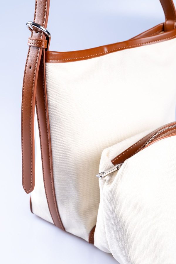 Taba Biye Detaylı Krem Kanvas Yavru Çanta Hediyeli Ayarlanabilir El ve Omuz Çantası