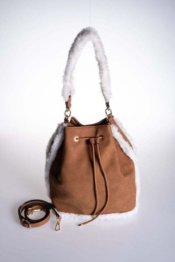 Peluş Detaylı Vegan Taba Süet Bucket Ayarlanabilir El ve Omuz Çantası