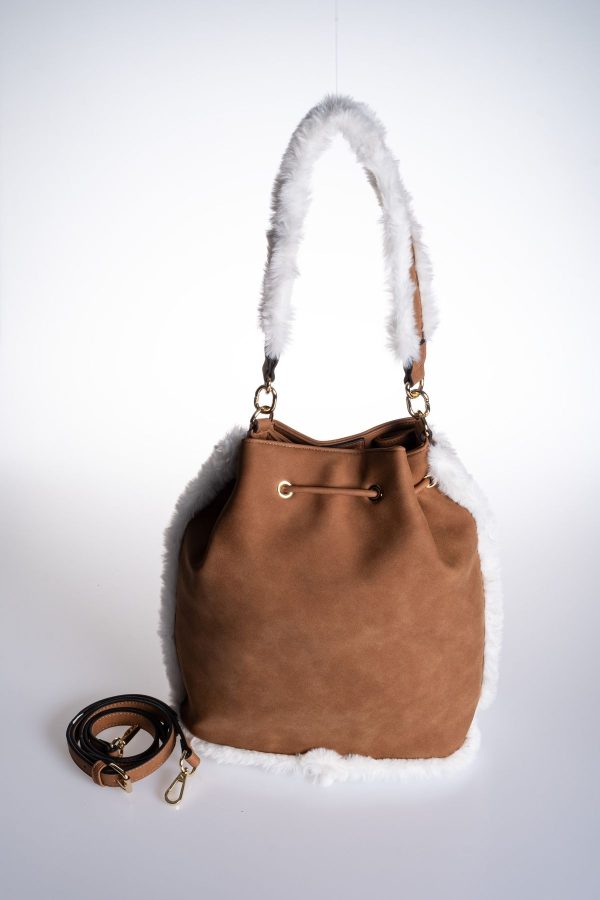 Peluş Detaylı Vegan Taba Süet Bucket Ayarlanabilir El ve Omuz Çantası