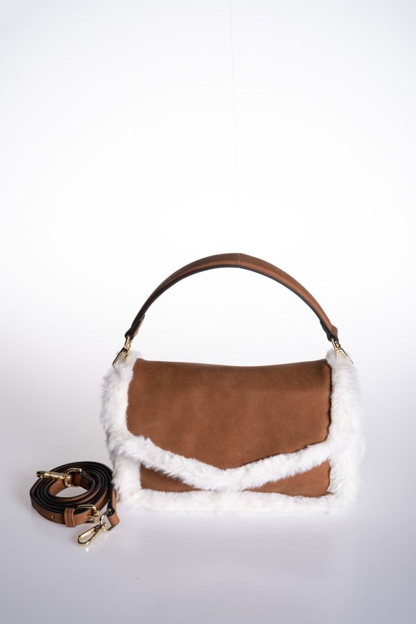 Taba Vegan Süet Kürklü Zarf Kapak Ayarlanabilir El ve Omuz Çantası