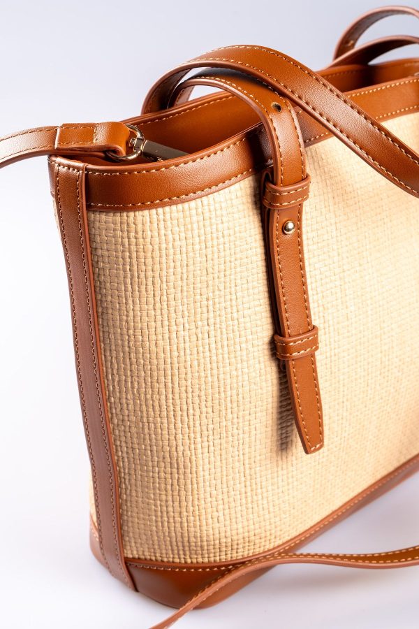 Taba Biye Detaylı Hasır Görünümlü Ayarlanabilir El ve Omuz Çantası