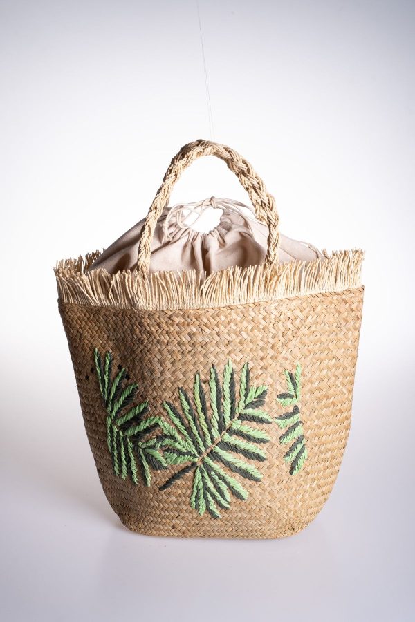 Yeşil Yaprak Desenli Büzgülü Astarlı Hasır Çanta