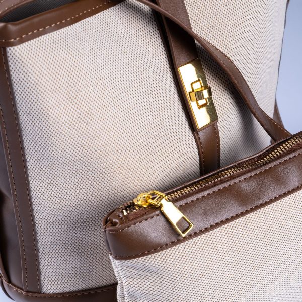 Kahverengi Biye Krem Kanvas Yavru Çanta Hediyeli Önü Kilit Detaylı Ayarlanabilir El ve Omuz Çantası