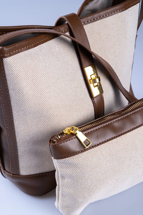 Kahverengi Biye Krem Kanvas Yavru Çanta Hediyeli Önü Kilit Detaylı Ayarlanabilir El ve Omuz Çantası