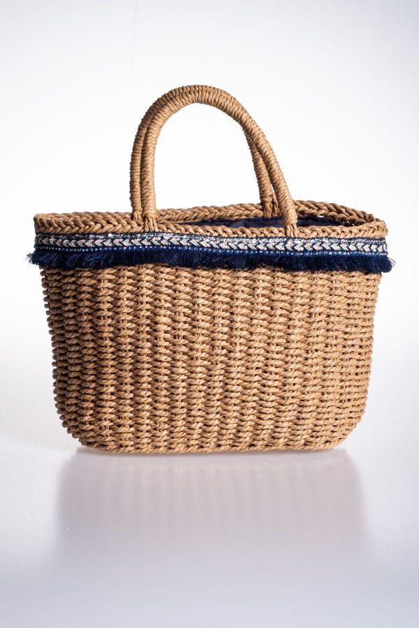 Büzgü Astarlı Lacivert Aksesuarlı Hasır Çanta