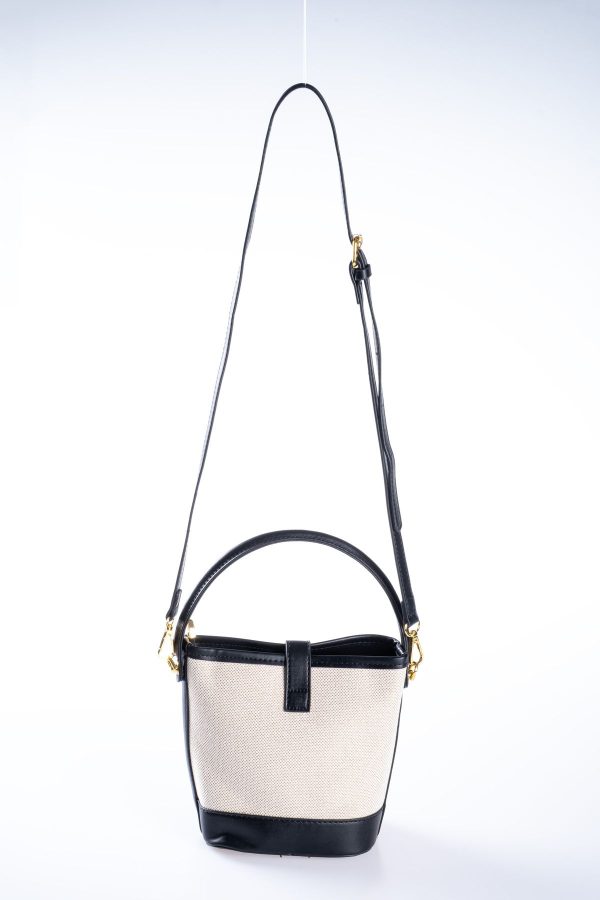 Siyah Vegan Deri Detaylı Bucket Fermuarlı Krem Kanvas Ayarlanabilir El ve Omuz Çantası