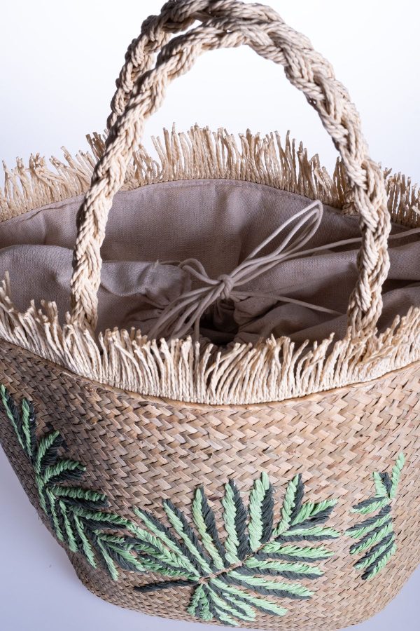 Yeşil Yaprak Desenli Büzgülü Astarlı Hasır Çanta