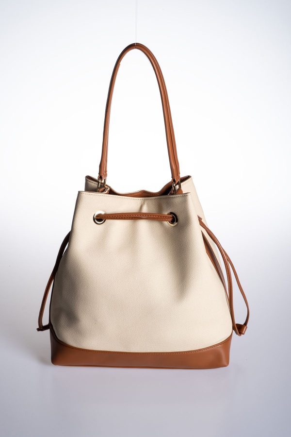 Taba Vegan Deri Detaylı Yandan Büzgülü Krem Kanvas Ayarlanabilir El ve Omuz Çantası