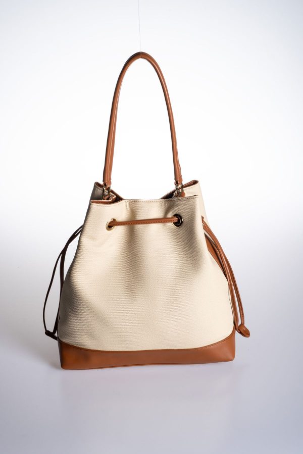 Taba Vegan Deri Detaylı Yandan Büzgülü Krem Kanvas Ayarlanabilir El ve Omuz Çantası