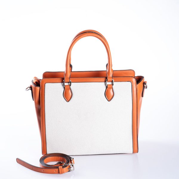 Açık Taba Biye Vegan Deri Detaylı Tote Bej Kanvas Ayarlanabilir El ve Omuz Çantası