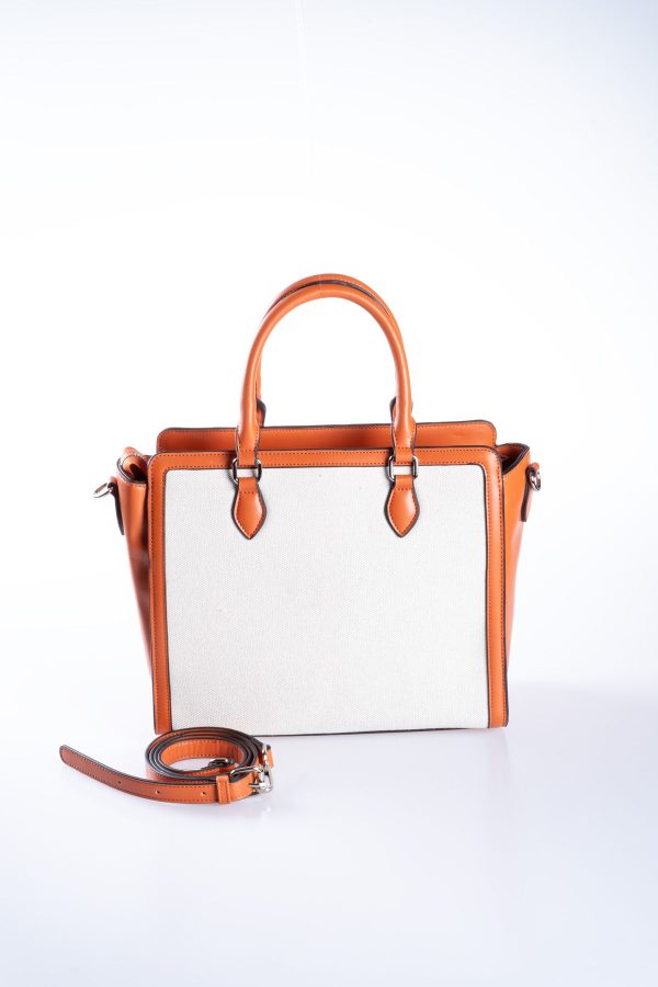 Açık Taba Biye Vegan Deri Detaylı Tote Bej Kanvas Ayarlanabilir El ve Omuz Çantası