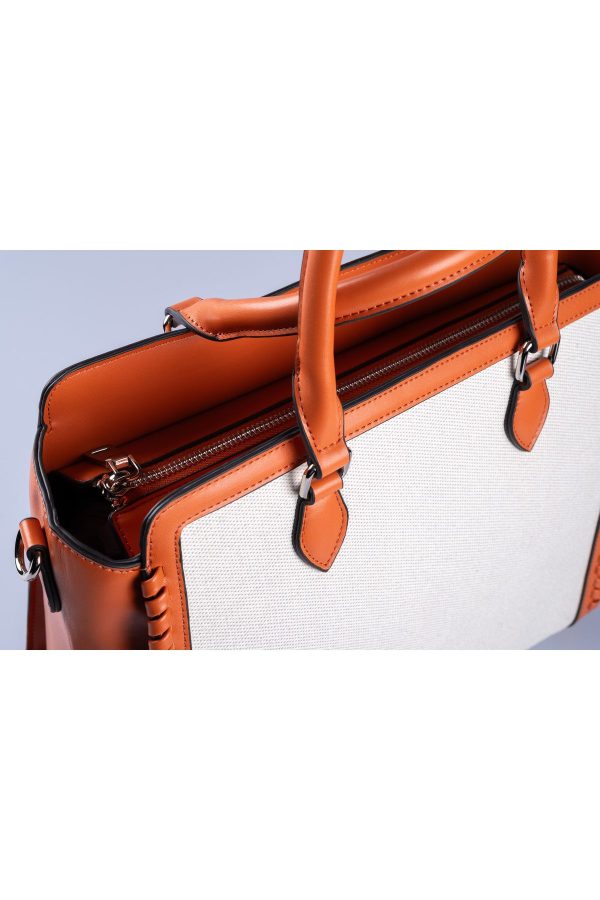 Açık Taba Biye Vegan Deri Detaylı Tote Bej Kanvas Ayarlanabilir El ve Omuz Çantası