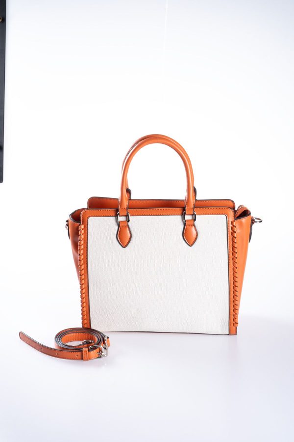 Açık Taba Biye Vegan Deri Detaylı Tote Bej Kanvas Ayarlanabilir El ve Omuz Çantası