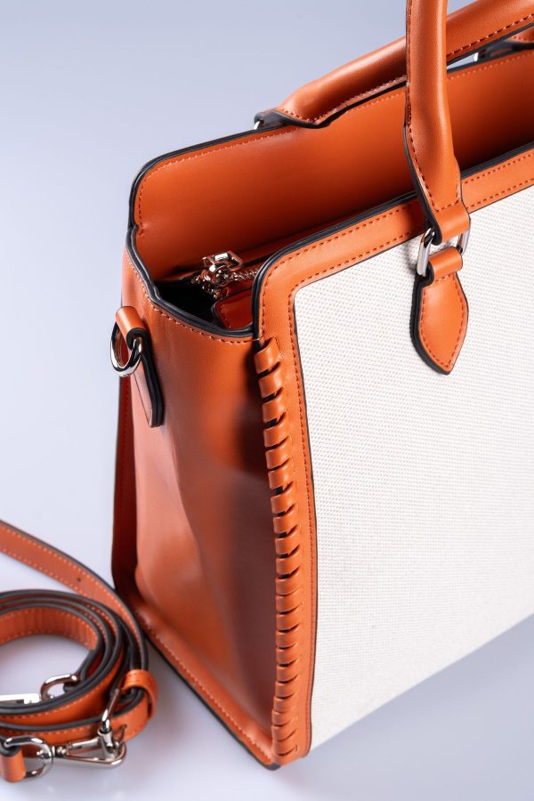 Açık Taba Biye Vegan Deri Detaylı Tote Bej Kanvas Ayarlanabilir El ve Omuz Çantası