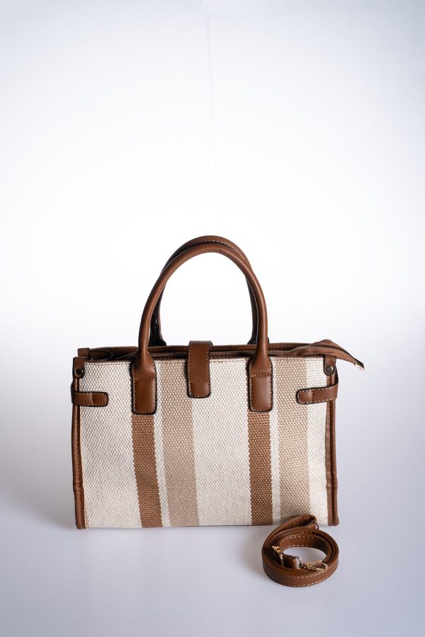 Tote Kahverengi Biye Detaylı Kanvas Çizgi Desen Büyük Boy Ayarlanabilir El ve Omuz Çantası