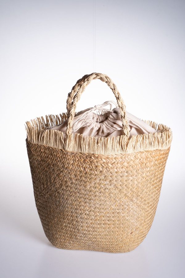 Yeşil Yaprak Desenli Büzgülü Astarlı Hasır Çanta