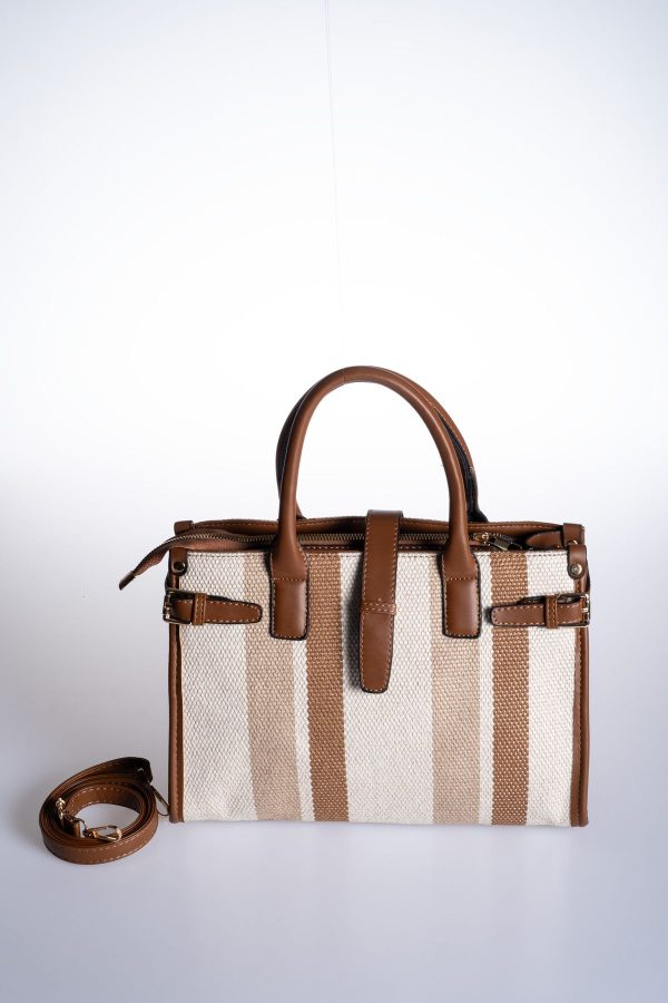 Tote Kahverengi Biye Detaylı Kanvas Çizgi Desen Büyük Boy Ayarlanabilir El ve Omuz Çantası