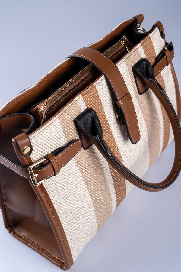 Tote Kahverengi Biye Detaylı Kanvas Çizgi Desen Büyük Boy Ayarlanabilir El ve Omuz Çantası