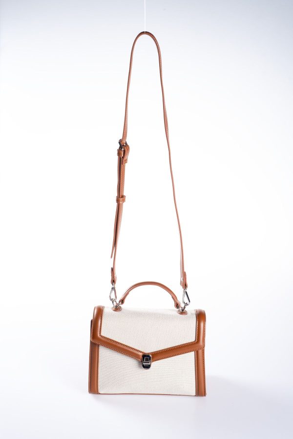 Zarf Kapaklı Taba Biye Detaylı Krem Kanvas Ayarlanabilir El ve Omuz Çantası