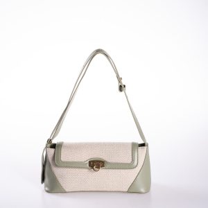 Pastel Yeşil Vegan Deri Detaylı Krem Kanvas Ayarlanabilir El ve Omuz Çantası