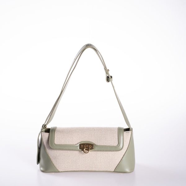 Pastel Yeşil Vegan Deri Detaylı Krem Kanvas Ayarlanabilir El ve Omuz Çantası