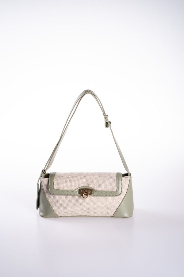 Pastel Yeşil Vegan Deri Detaylı Krem Kanvas Ayarlanabilir El ve Omuz Çantası