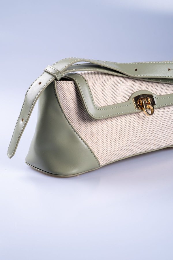 Pastel Yeşil Vegan Deri Detaylı Krem Kanvas Ayarlanabilir El ve Omuz Çantası