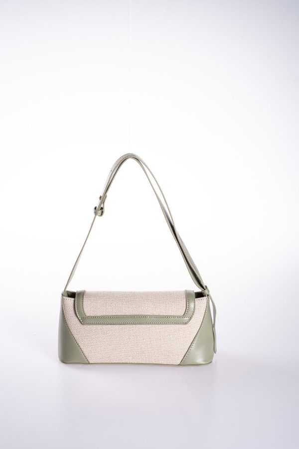 Pastel Yeşil Vegan Deri Detaylı Krem Kanvas Ayarlanabilir El ve Omuz Çantası