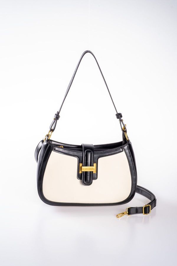 Siyah Krem Vegan Deri Fermuarlı Toka Detaylı Ayarlanabilir El ve Omuz Çantası