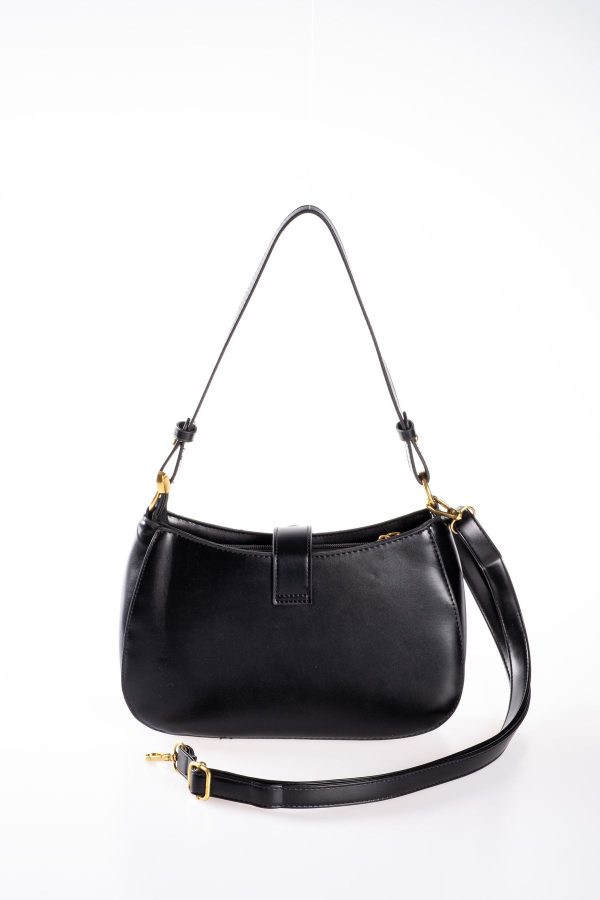 Siyah Krem Vegan Deri Fermuarlı Toka Detaylı Ayarlanabilir El ve Omuz Çantası