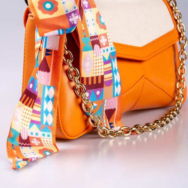 Fular Hediyeli Kanvas Detaylı Turuncu Vegan Deri Ayarlanabilir El ve Omuz Çantası